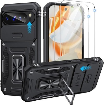 Google Pixel 9 Pro XL Case with 2 PCS HD Screen Protector and Kickstand, Black