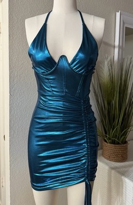 metallic blue cocktail dress Azazie Maive