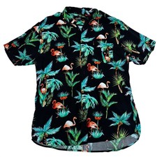 Molokai Surf Co Mens XL Black Flamingo Palm Tree Rayon Hawaiian Shirt Short Slv