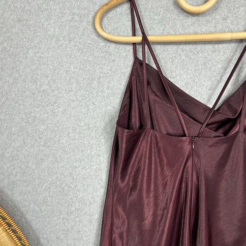 Vestido sin Mangas Bardot Satinado Cuello Capucha Berenjena Púrpura Cóctel Fiesta Boda - Imagen 7 de 8