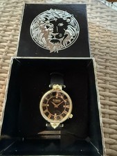 Versus Versace Gold Black Leather Women's Dress Wristwatch with Box