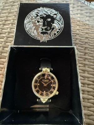 Versus Versace Gold Black Leather Women's Dress Wristwatch with Box