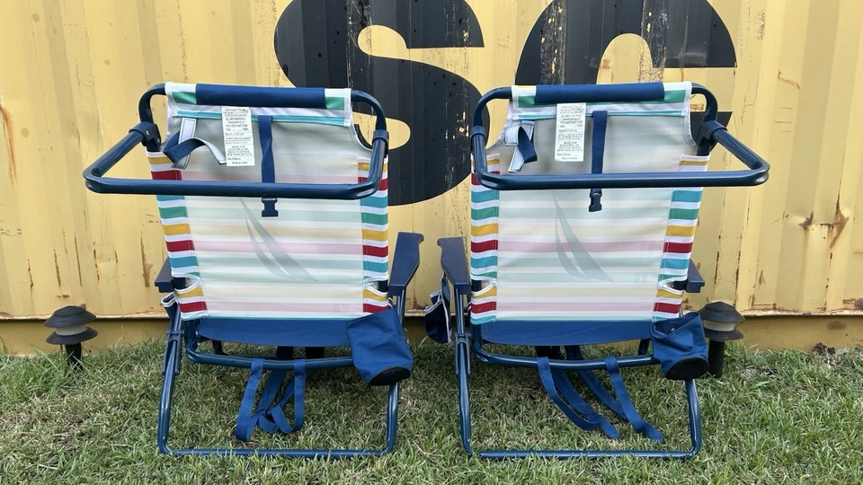 Pair (2) of Nautica 5 Position Aluminum Beach Chairs, Blue Frame Rainbow Textile - Image 2 of 4