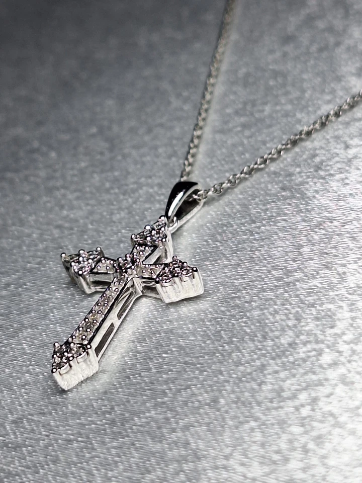 Collar Cruz Con Diamantes Naturales Reales 1/10 Ct.t.w Mujer Hombre Cadena Cruzada  Foto 4 de 4