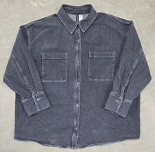 H&M Divided Oversized Denim Shirt Women XL Gray Button Up 3/4 Sleeve 100% Cotton