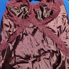 Burgundy Satin Lace Accent V-Neck Sleeveless Women's Chemise Dress, Solid