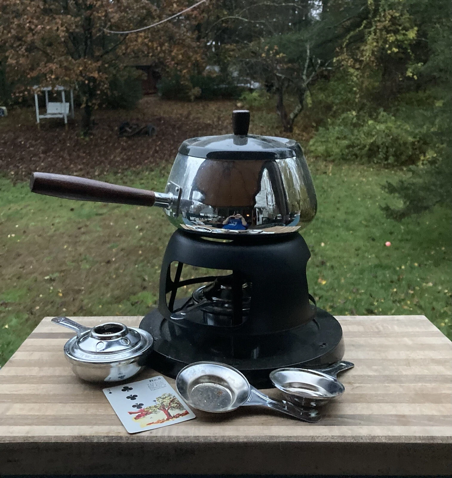 Vintage Fondue Set With Warmer Wooden Handle MCM