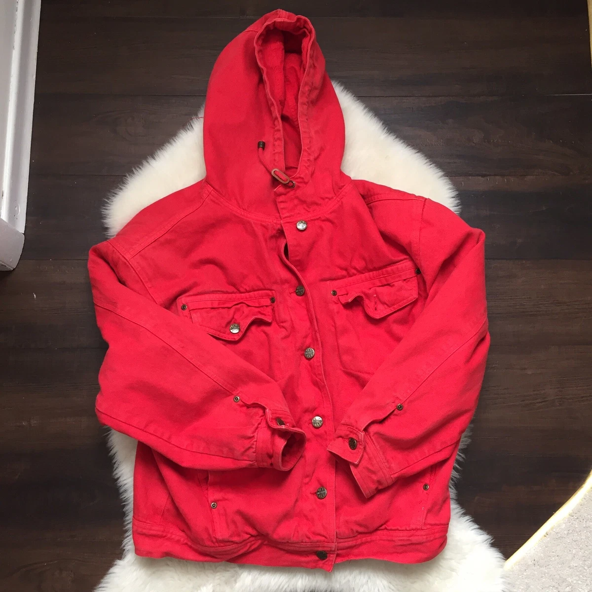 Red hooded sale denim jacket