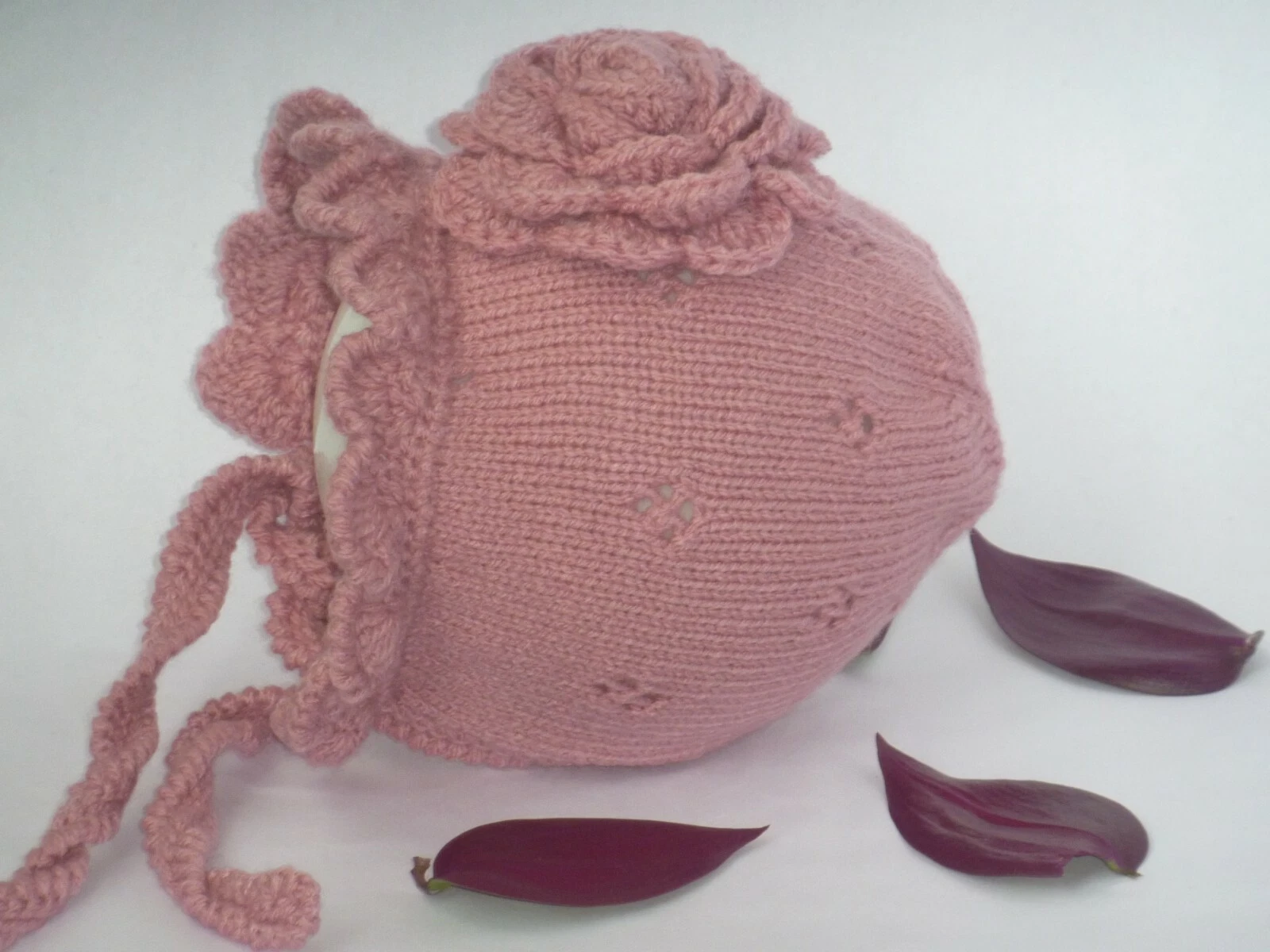 CUTE WARM HAND KNITTED BLUSH BABY ROSE BONNET HAT BEANIE 0-3M 3-6M 6-12M 12-18M