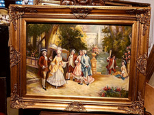 OLIO SU TELA"DAME E CAVALIERI IN GIARDINO VERSAILLES" CM 91x71