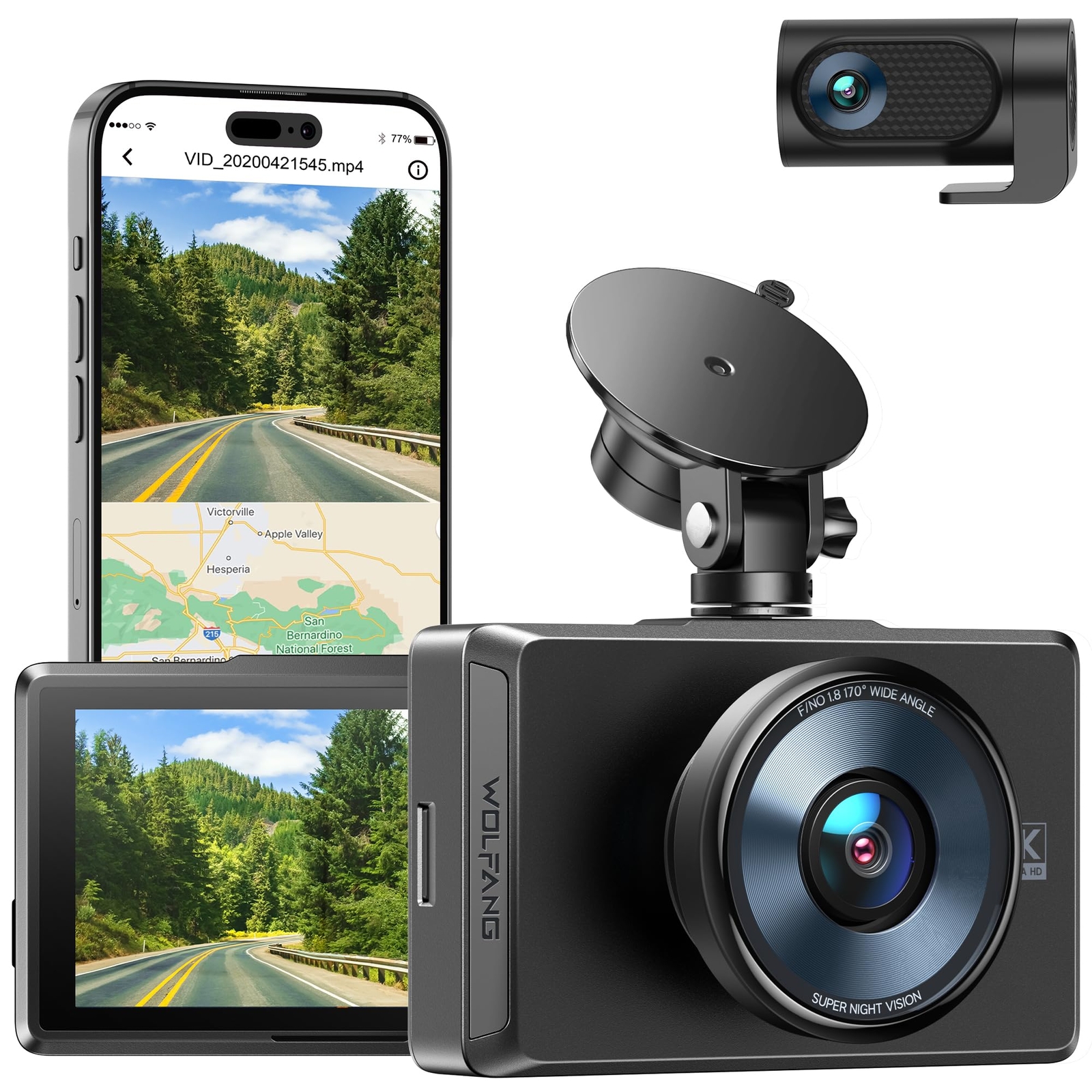 WOLFANG Doppia Dashcam Dash Cam Auto 4K Full HD WiFi Telecamera con Pantalla ...