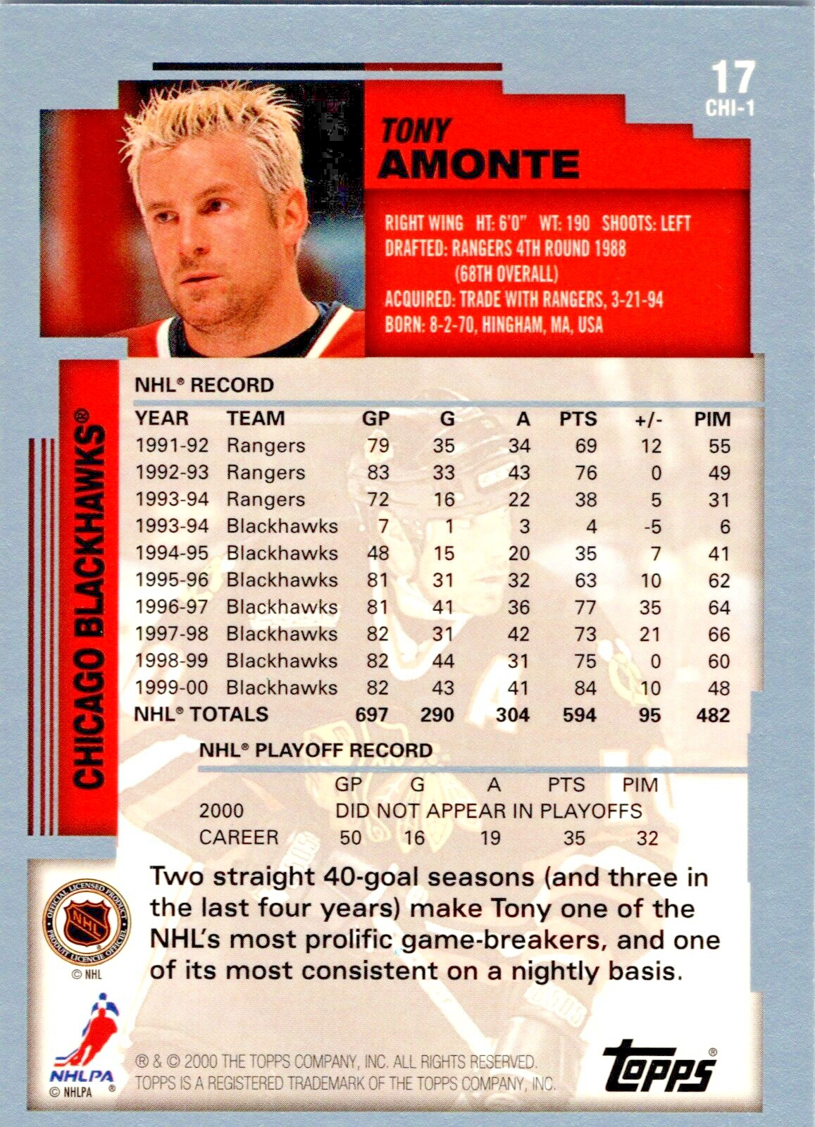 2000-01 Topps- #17 Tony Amonte  Chicago Blackhawks 