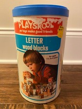 1974 Vintage Playskool "LETTER WOOD BLOCKS"  Container, COMPLETE SET RARE 