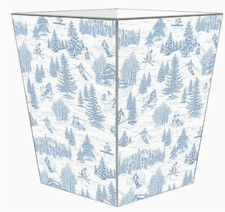 Marye-Kelley, "Ski Toile" Blue on White 12" Wooden Wastepaper Basket, New
