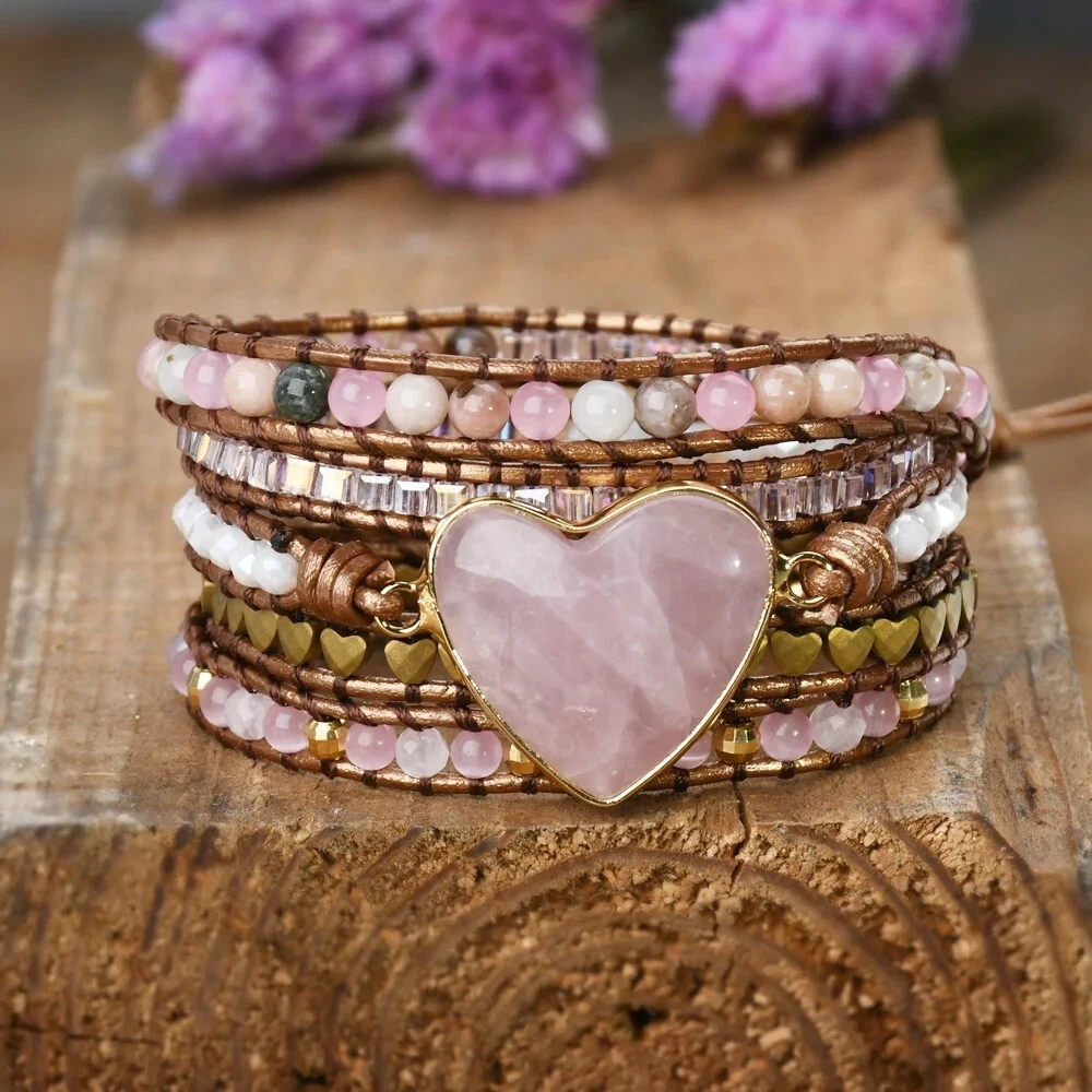 Rose Quartz Heart Handmade Healing Meditation Boho Reiki Women Bracelet  Gifts