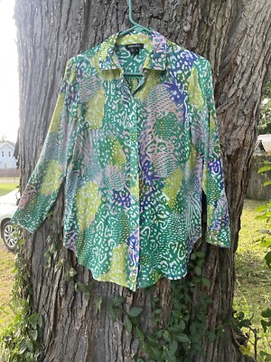 Paperwhite Women's Silk Blend Long Sleeve Top Size 10 Boho Abstract Button Down