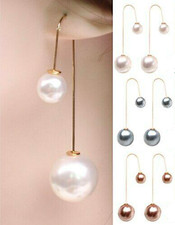 Faux Pearl Ball Double Sided Dangle Drop U-shaped Earrings New 2" US seller gift