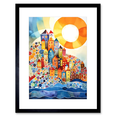 Abstrakte Meereslandschaft Sonnenaufgang Dorf moderne Volkskunst gerahmter Kunstdruck Bild 9 x 7 Zoll