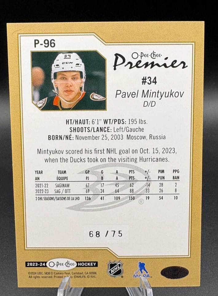 2023-24 O-Pee-Chee PAVEL MINTYUKOV Rookie Premier /75 Diamond Rainbow #P-96 - Image 2 of 3