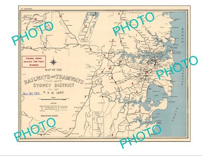 OLD LARGE HISTORIC PRINT OF SYDNEY NSW RAILWAY & TRAM SYSTEM MAP c1950