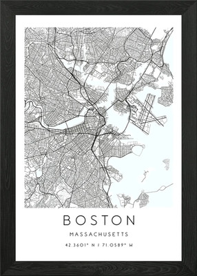 BOSTON MASSACHUSETTS KARTE Gerahmtes Wandbild Poster Leinwanddruck Bild