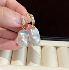 Freshwater Pearls White Baroque Pearl Drop Earrings | Gold Pave Crystal Hooks