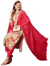 Women's Cotton Blend Printed Straight Kurta with Pant  Dupatta