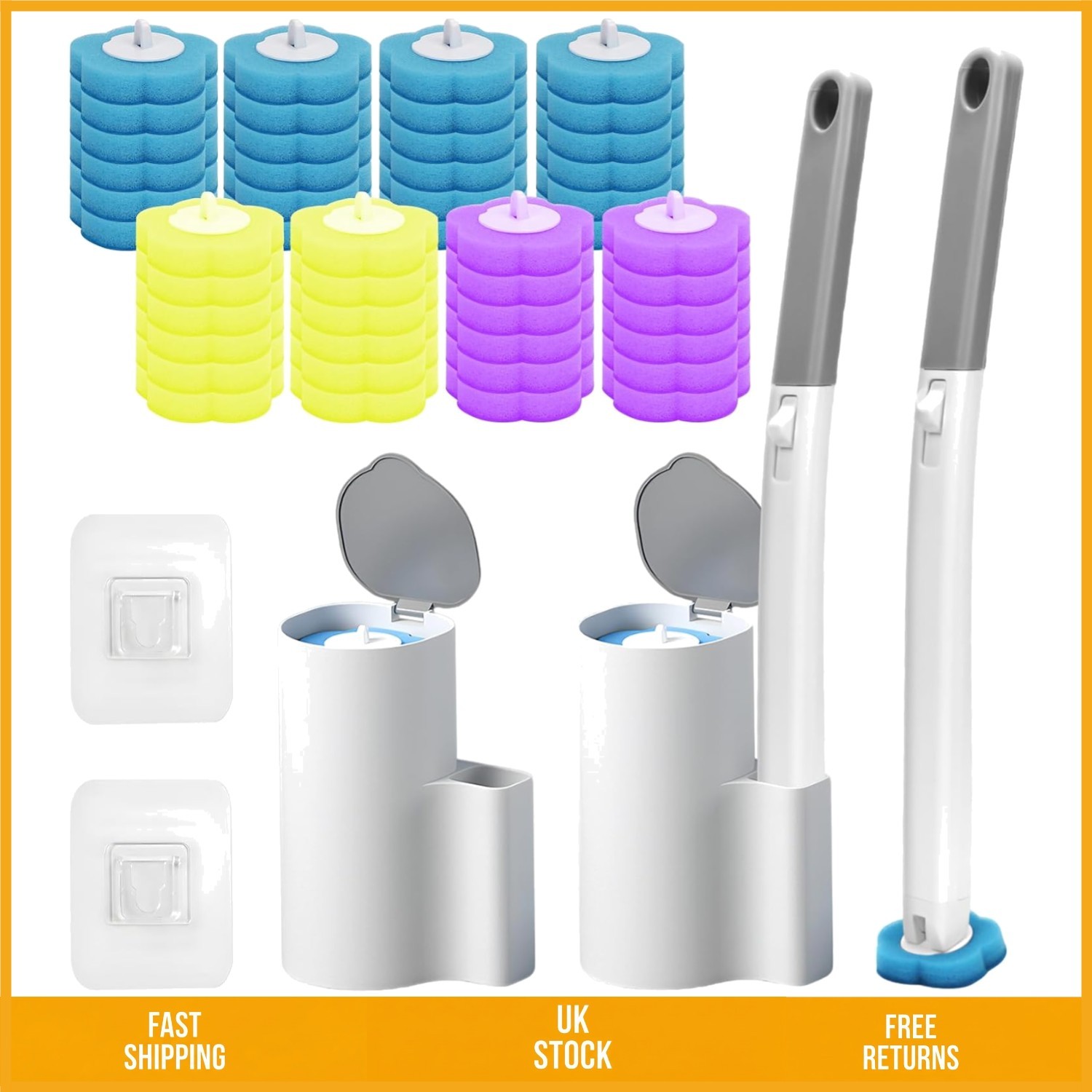 Hygienic Disposable Toilet Brush Set with 48 Refill Sponge Heads 2 Pack Kit