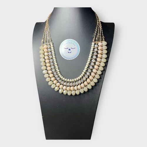 Four Strand Green Blue Beige Crystals 22” Gold-tone Beaded Bib Necklace EUC - Picture 2 of 7