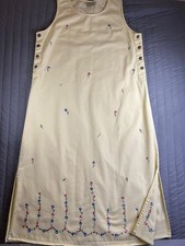 VTG 90s Basic Editions Denim Jumper Dress Medium M Yellow Embroidered Floral