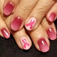24 Pcs Breast Cancer Pink Ribbon Press on Nails Short Square Fake Nails 