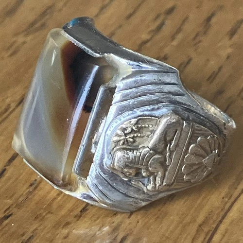 Vintage Sterling & 10K Gold Filled Agate Mans Large Ring Size 12.25, Egyptian