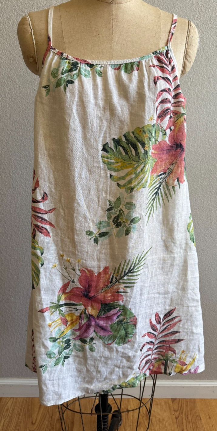 Lungo L'arno Italy Womens Sz Large Floral Linen Dress EUC Hawaiian Tropicl Beach