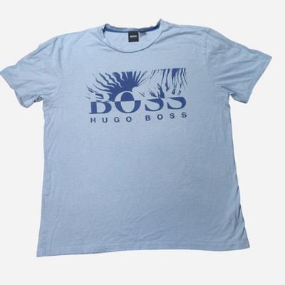 BOSS Hugo Boss Mens XL Blue Graphic T-Shirt Palm Tree Big Logo Short Sleeve Crew