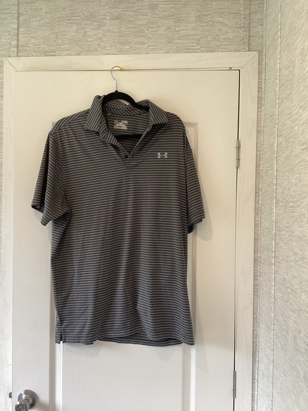 Under Armour HeatGear Men's Striped Polo Shirt XL Gray/White Logo EUC