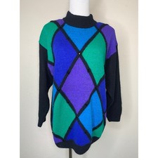 Vintage Silk Angora Blend Black Blue Diamond Beaded Sweater Sz Large