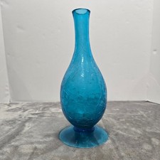 Turquoise Blue Crackle Glass Vase 11.25 Inch Tall Hand Blown Decorative Bud Vase