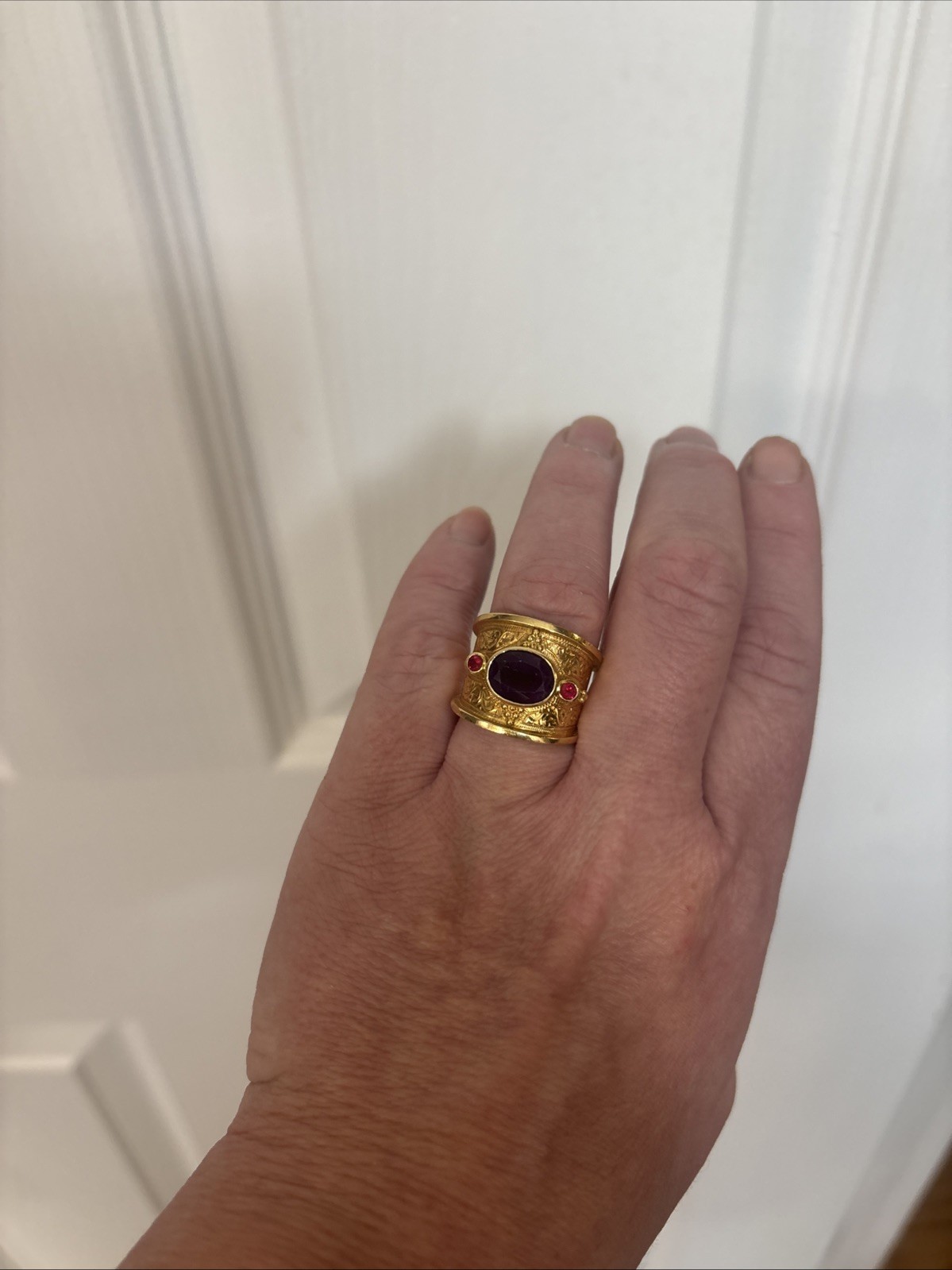 Unique 18k Solid Gold Ring With Amethyst And Rubi… - image 1
