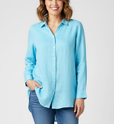 J. Jill Love Linen 100% Linen Collared Button-Up Shirt XS Long Sleeve Blue