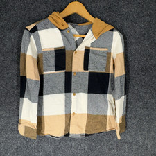 Cat Jack Jacket Boys M Medium Gray Plaid Button Up Hooded Long Sleeve Cotton