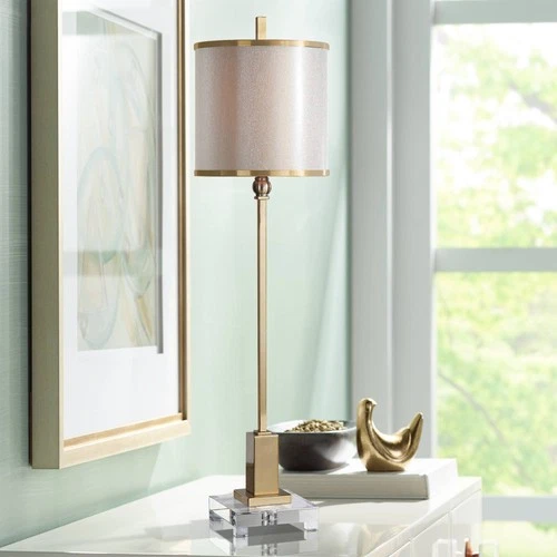 Modern Table Lamp 35" Tall Brushed Brass Champagne Drum Shade for Living Room - Picture 1 of 2