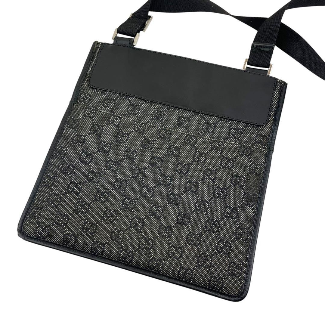 Gucci GG Canvas Denim Shoulder Bag with Leather Trim and Silver Hardware Pre-Owned