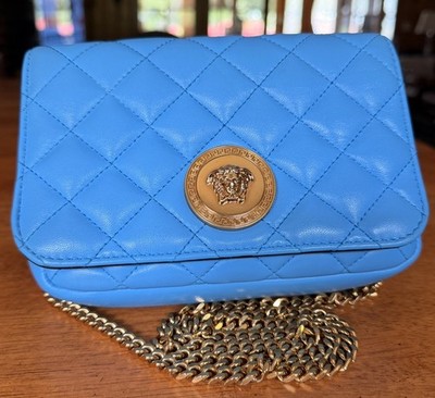 Versace Blue Quilted Medusa Chain Shoulder Bag Gold Hardware Italy Lambskin