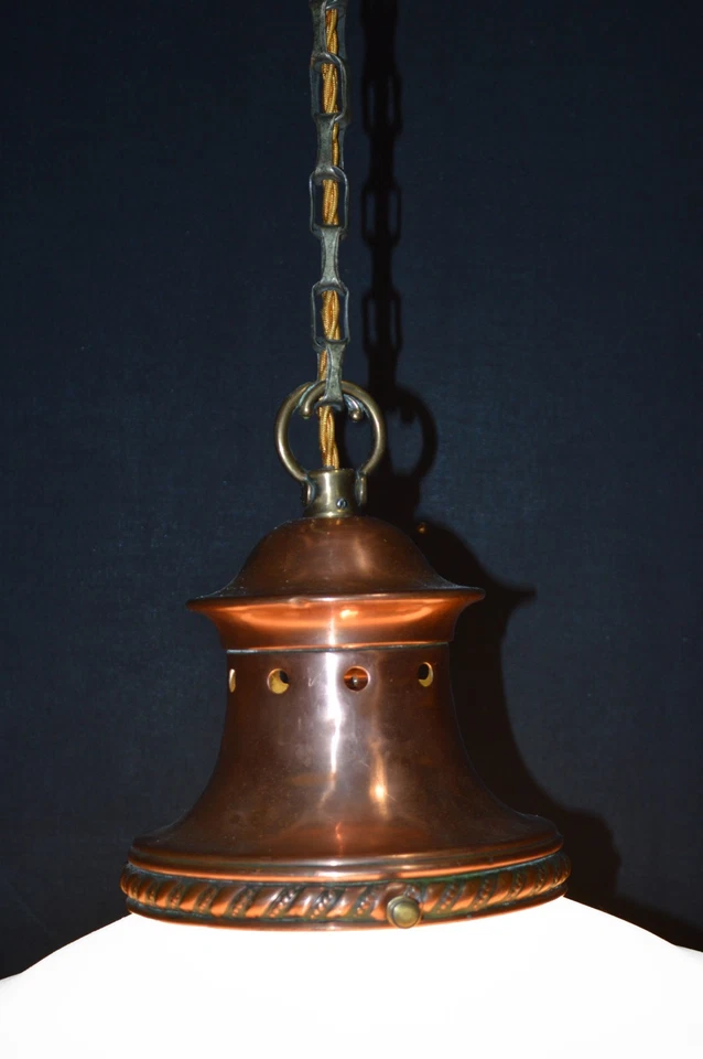 Vintage Art Deco Large Opaline Milk Glass Schoolhouse Pendant Light Fixture 1930 - Image 4 of 4