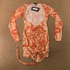 Pretty Little Thing Womens Size 4 Coral Mesh Ruched Open Front Bodycon Dress NWT