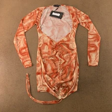 Pretty Little Thing Womens Size 4 Coral Mesh Ruched Open Front Bodycon Dress NWT