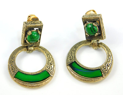 Vintage Miracle Green & Gold Tone Celtic Etched Door Knocker Clip on Earrings