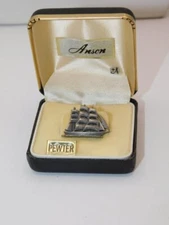 NOS~VINTAGE TIE PIN~ANSON~SAILING SHIP~PEWTER~NEAT!~1"~ORIGINAL BOX