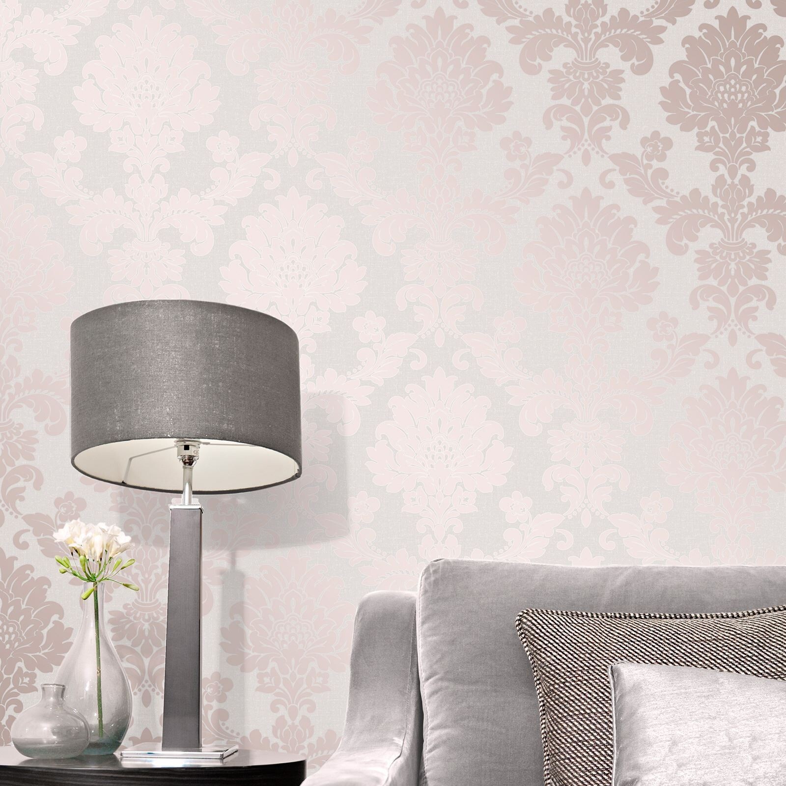 Superfresco Quartz Damask Rose Gold Silver Glitter Metallic Wallpaper