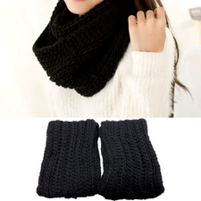2 pc Women Black Chunky Knitted Infinity Snood Scarf Scarves Wool Knitted Circle
